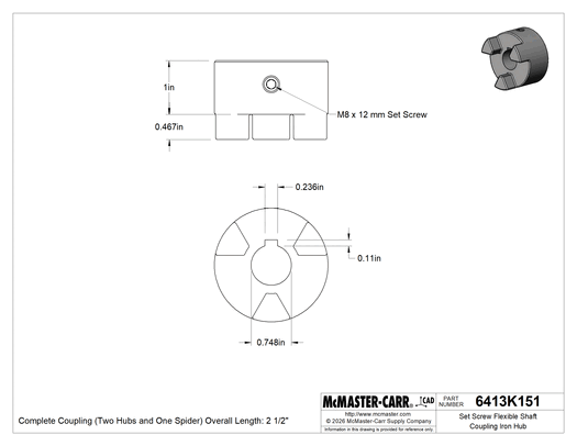 McMaster 6408K15 Flexible Shaft Coupling Iron Hub with Set Screw, 2-1/2" Overall Length, Keyed Shaft