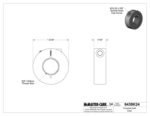 McMaster 6438K24 Threaded Shaft Collar, for 5/8"-18 Thread, One-Piece, Black-Oxide 1215 Carbon Steel