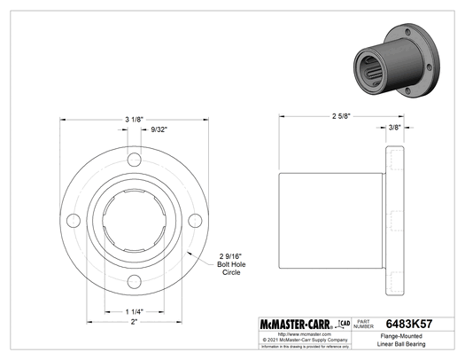 McMaster 6483K57 Flange-Mounted Ball Linear Bearing, Round Housing, for 1-1/4" Shaft, Fixed Alignment, COO Japan