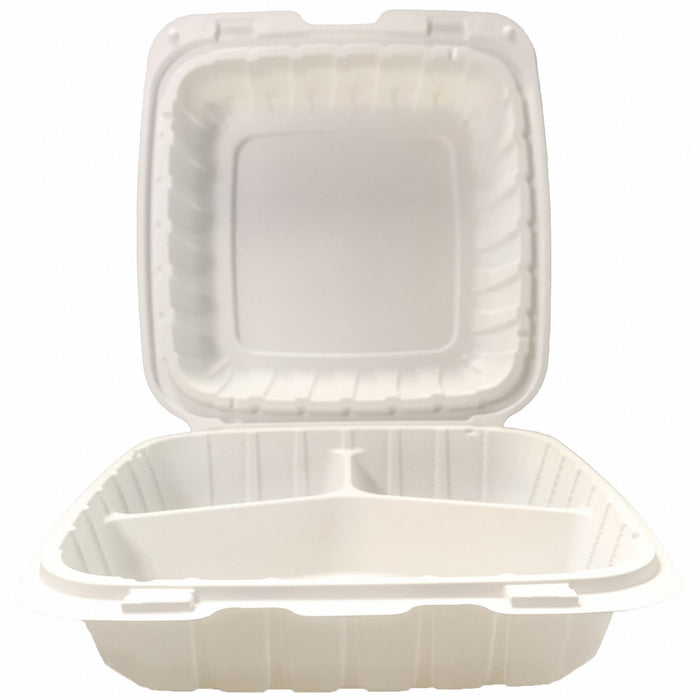 Approved Vendor EPPHL-83 Hinged Lid Disposable Carry-Out Food Container, 3 Compartments, 8 in W x 8 in D x 3 in H, Ivory Plastic, Microwave Safe, Recyclable, 150 PK