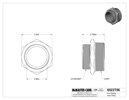 McMaster 6523T56 Fire-Fighting Hose Fitting, Brass Reducing Adapter, 2-1/2 NH/NST Male × 3 NPT Male