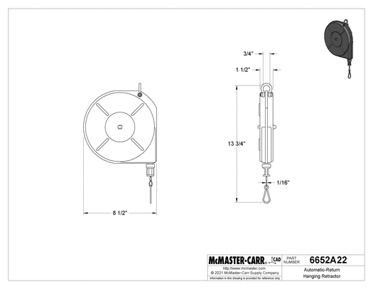 McMaster 6652A22 Automatic-Return Hanging Retractor with Cable Lock, 1 to 15 lb. Capacity