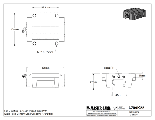 McMaster 6709K22 Ball Bearing Carriage with Flange for 45 mm Wide Rail