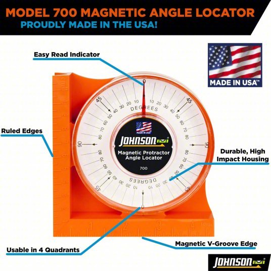 Johnson 700 Angle Finder 4 Quadrants, Magnetic, Inches, Acrylic, 5.88 in Lens Dia, 0°to 90° - KVM Tools Inc.KV6A511
