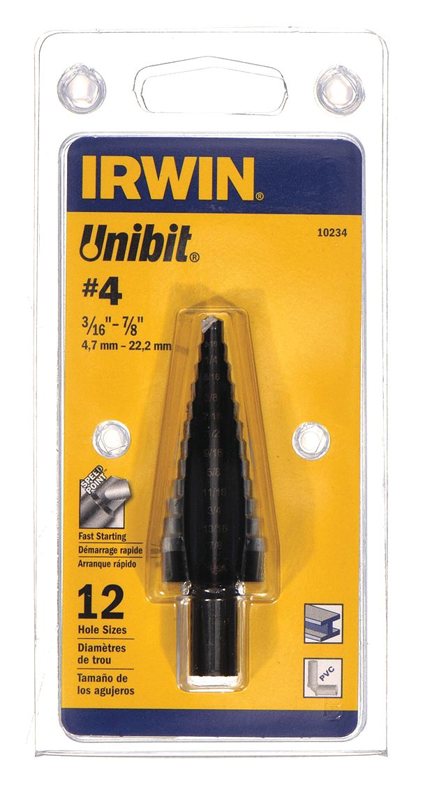 Irwin 10234 Step Drill Bit, 3/16" to 7/8", Black Oxide HSS, 3-Flats Shank