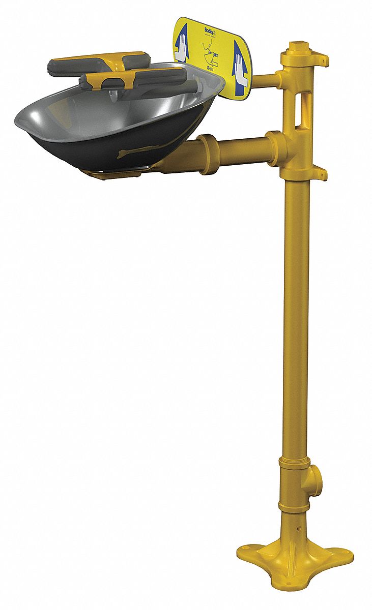 Bradley S19214Y Plumbed Eyewash, Std, Floor Mnt, Eyes and Face Coverage, Uncovered, Stainless Steel Bowl