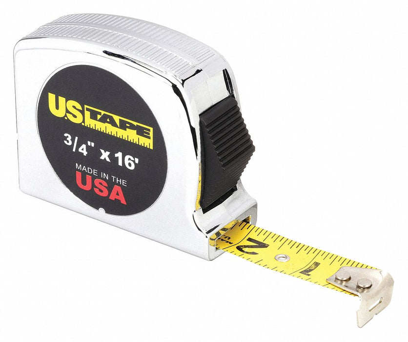 US Tape 56909 Tape Measure, 16 ft x 3/4 in, Steel Blade, Yellow, Nonmagnetic Single Hook, Plastic Silver Case, Belt Clip, Stud Markings