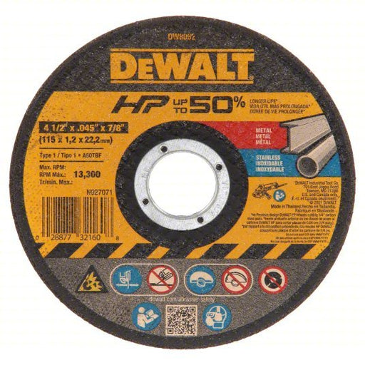 Dewalt DW8062 Abrasive Cut - Off Wheel Type 1, 4 1/2 in x 0.045 in x 7/8 in, Aluminum Oxide, 60 Grit, A60T - KVM Tools Inc.KV6HD44