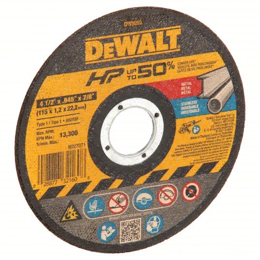 Dewalt DW8062 Abrasive Cut - Off Wheel Type 1, 4 1/2 in x 0.045 in x 7/8 in, Aluminum Oxide, 60 Grit, A60T - KVM Tools Inc.KV6HD44