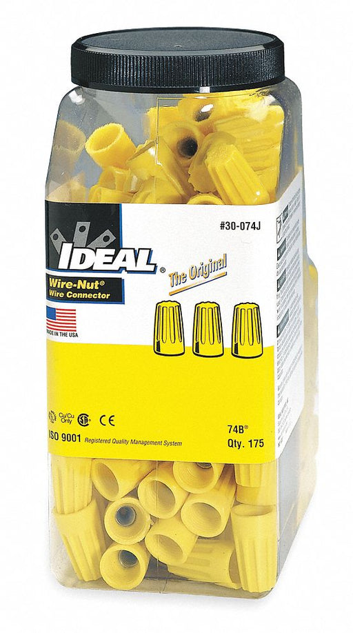 Ideal 30-074J Twist-On Wire Connectors, Yellow, Wire Sizes 14 AWG – 8 AWG, 600 V, 175, PK