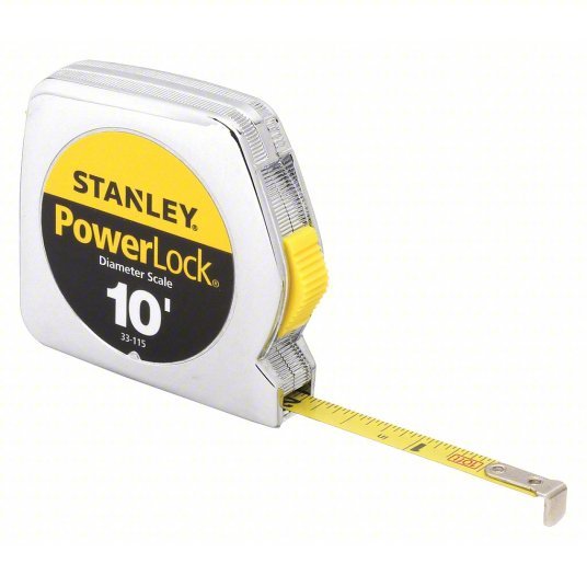 Stanley 33 - 115 10 ft Diameter Tape Measure Inch, Loop Tip, Plastic, Narrow Blade, Silver, Steel, Yellow - KVM Tools Inc.KV6R065