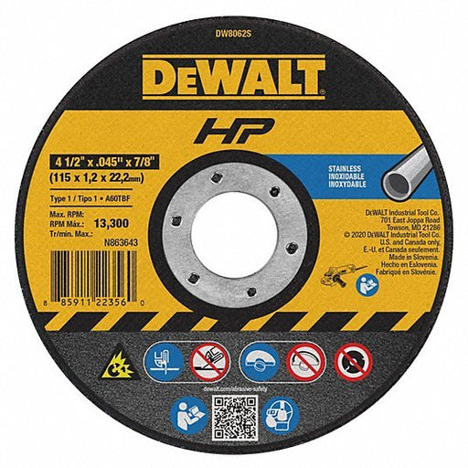 DeWalt DW8062S Abrasive Cut - Off Wheel Type 1, 4 1/2" x 0.045" x 7/8", Aluminum Oxide, 60 Grit, A60S - KVM Tools Inc.KV6TMP9
