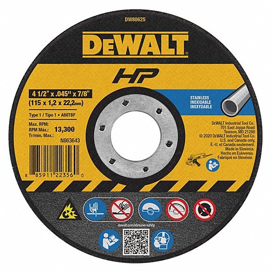 DeWalt DW8062S Abrasive Cut - Off Wheel Type 1, 4 1/2" x 0.045" x 7/8", Aluminum Oxide, 60 Grit, A60S - KVM Tools Inc.KV6TMP9