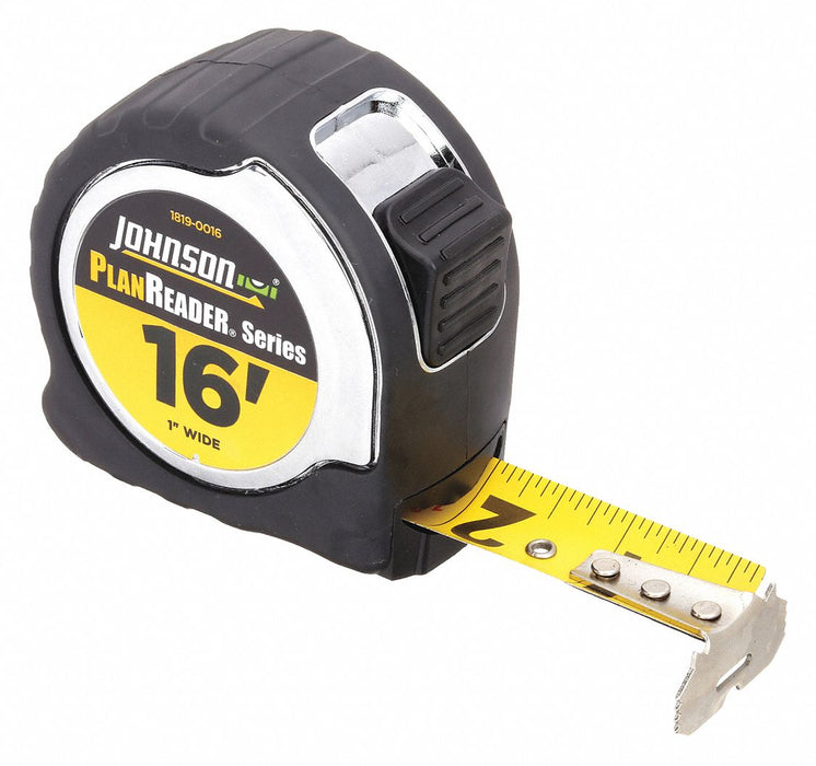 Johnson Level 1819-0016 Tape Measure, Nonmagnetic Single Hook Tip, 16 ft, Plastic with Rubberized Grip, Silver