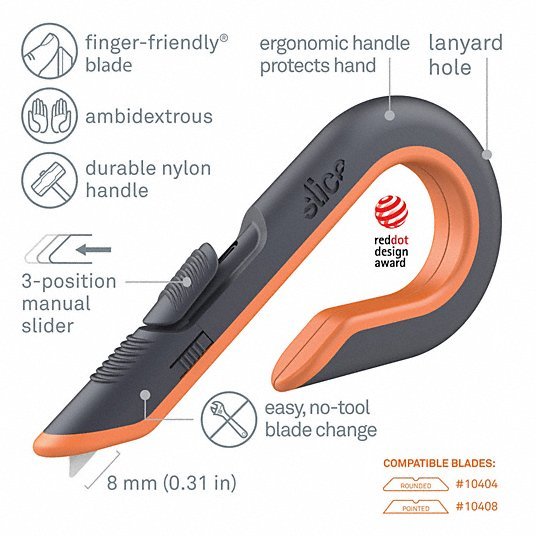 Slice 10400 Box Cutter 7 in Overall Lg, Ceramic Rounded Tip, Textured, Plastic, Black/Orange - KVM Tools Inc.KV6XVR1