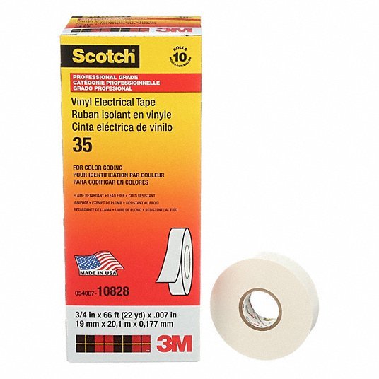 3M 10828 Electrical Tape: 3/4 in Wd, 22 yd Lg, 7 mil Thick, Vinyl, Rubber, 600 V Volt Rating, 35 White - KVM Tools Inc.KV2A228