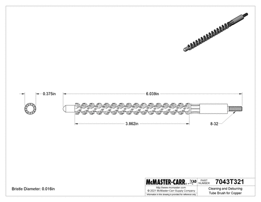 McMaster 7043T321 Cleaning and Deburring Tube Brush for Copper 8-32 Unc Male Thrd, 3/8" Dia with Nylon Bristles