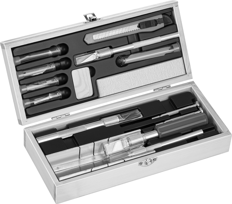 McMaster 7055A22 Precision Knife and Blade Set, 16 Blades, Aluminum and Plastic Handles, Wood Case