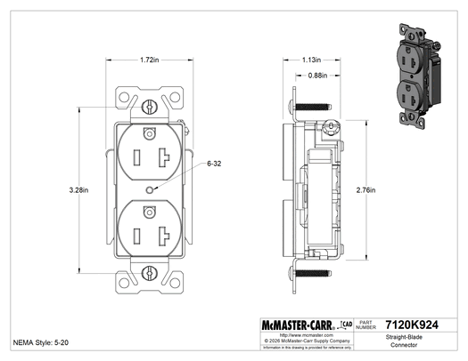 McMaster 7120K92 Straight-Blade Connector, NEMA 5-20, Grounded 3-Slot Duplex Female Receptacle, 125V/20A, Black