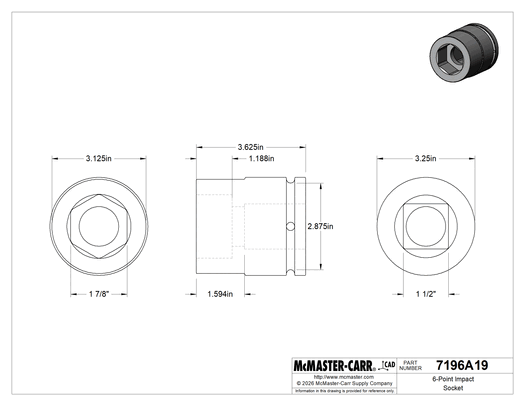 McMaster 7196A19 6-Point Impact Socket, 1-1/2" Square Drive, 1-7/8" Size