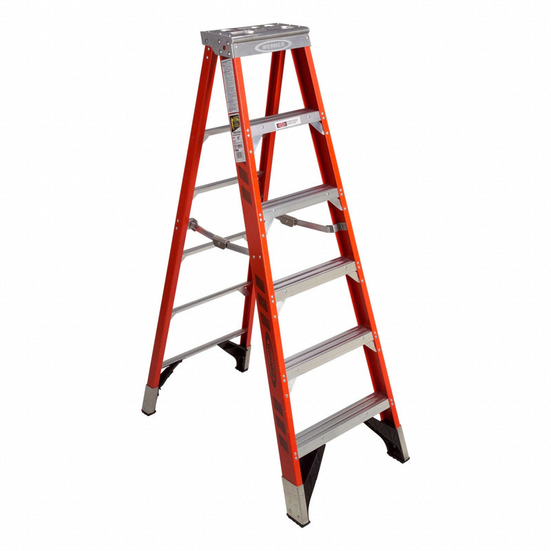 Werner 7406 Stepladder, 6 ft Ladder Size, Fiberglass, 375 lb Load Capacity, 25 lb Wt, 3.8 ft Standing Ht