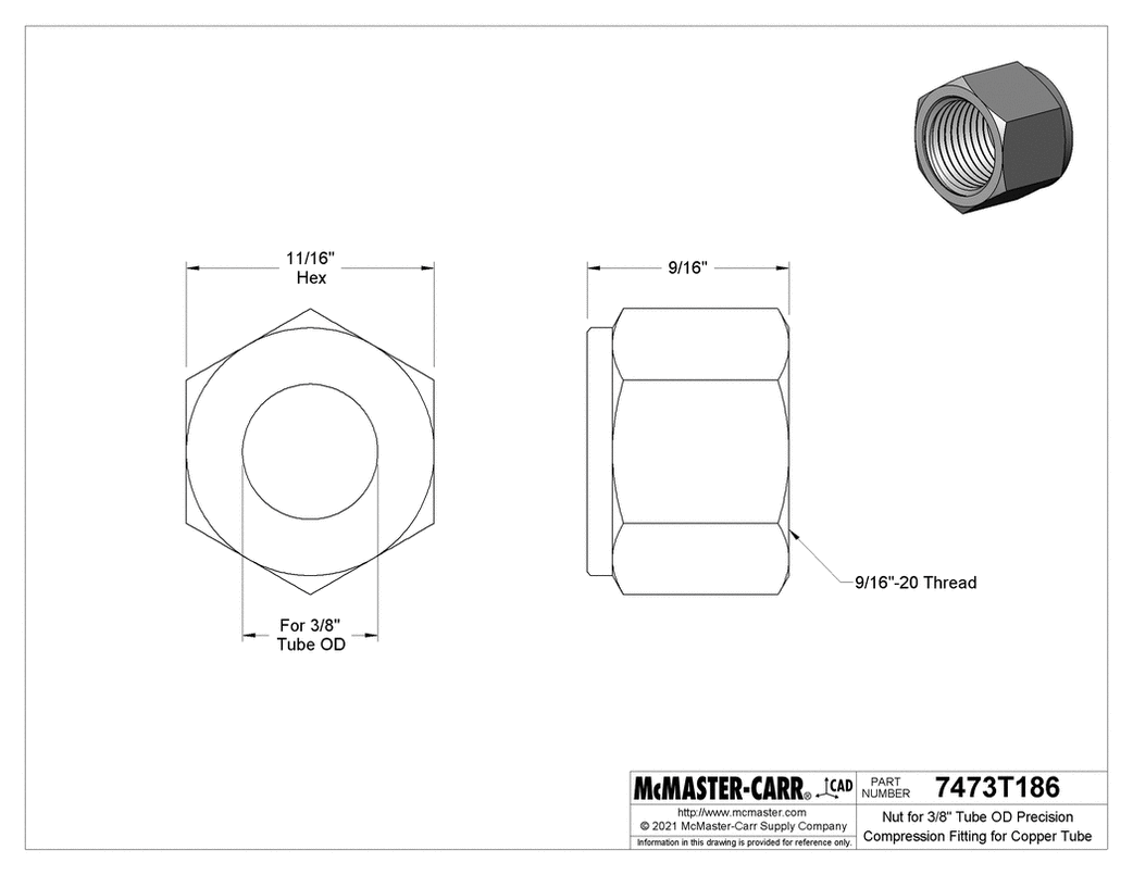 McMaster 7473T186 Nut for 3/8" Tube OD Precision Compression Fitting f
