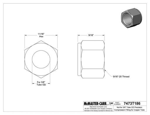 McMaster 7473T186 Nut for 3/8" Tube OD Precision Compression Fitting for Copper Tube - KVM Tools Inc.KV7473T186