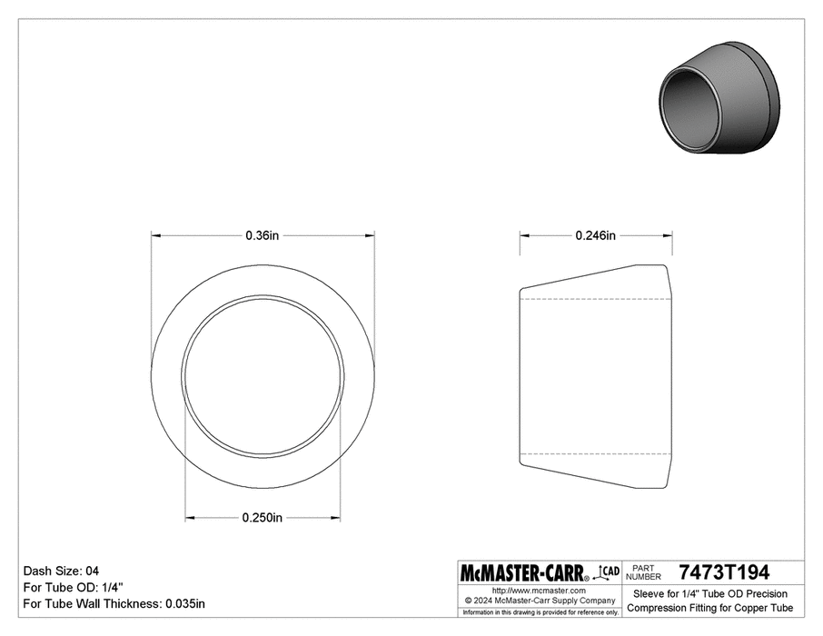 McMaster 7473T194 Sleeve for 1/4" Tube OD Precision Compression Fitting for Copper Tube
