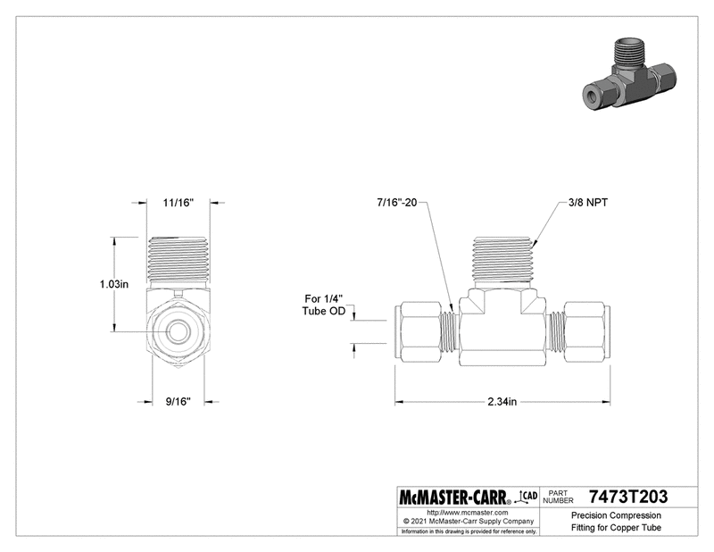 McMaster 7473T203 Inline Tee Adapter for 1/4" Tube OD x 3/8 NPT Male