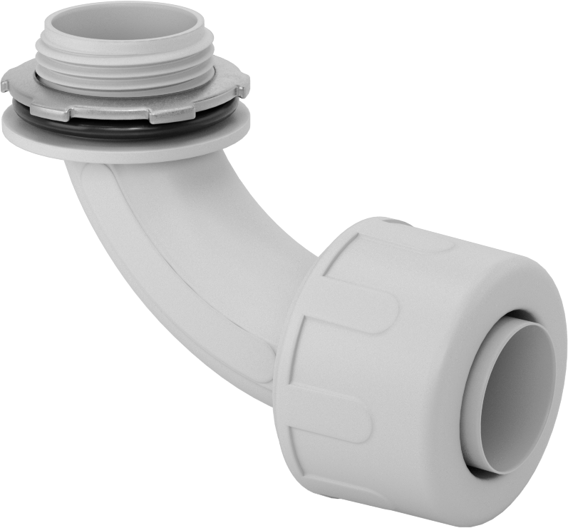 McMaster 75145K84 Liquid-Tight Flexible Plastic Conduit Adapter, 90° Elbow, 1 Push-In Female × 1 NPT Male, Gray