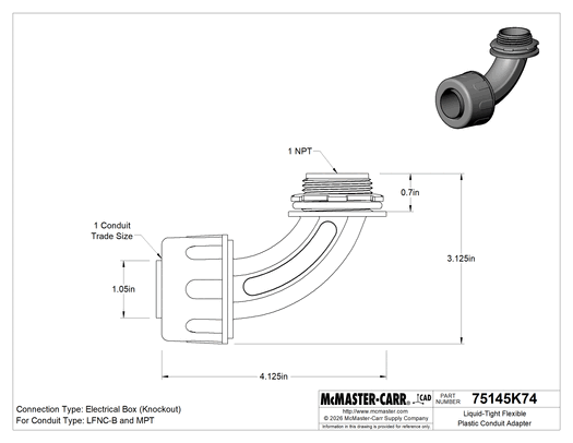 McMaster 75145K84 Liquid-Tight Flexible Plastic Conduit Adapter, 90° Elbow, 1 Push-In Female × 1 NPT Male, Gray