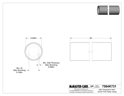 McMaster 7564K731 High-Temperature Heat-Shrink PTFE Tubing, for 8 Wire Gauge, 0.24" ID Before Shrinking, 4 Feet Long