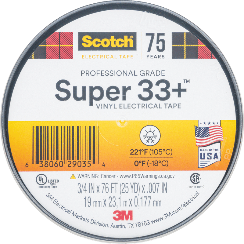 McMaster 76455A22 Electrical Tape, 3M Scotch Super 33+, 3/4" Wide, 76 ft Long, Black, UL 510, 600V
