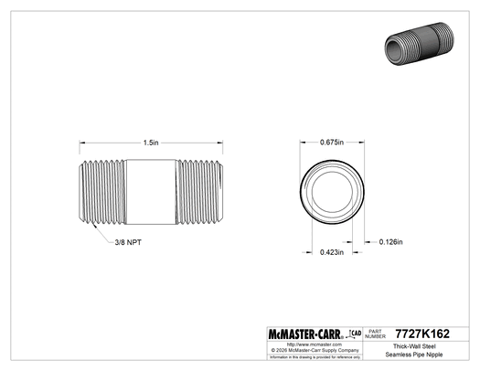 McMaster 7727K162 Thick-Wall Steel Seamless Pipe Nipple, Threaded on Both Ends, 3/8 Pipe Size, 1-1/2" Long