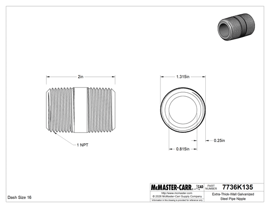McMaster 7736K135 Extra-Thick-Wall Galvanized Steel Pipe Nipple, Threaded on Both Ends, 1 NPT, 2" Long