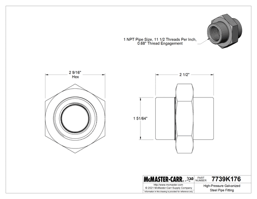 McMaster 7739K176 High-Pressure Galvanized Steel Pipe Fitting Union Straight Connector, 1 NPT Female