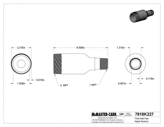 McMaster 7818K227 Thick-Wall Pipe Nipple Reducer Galvanized Steel, Threaded on Both Ends, 2 x 1 NPT