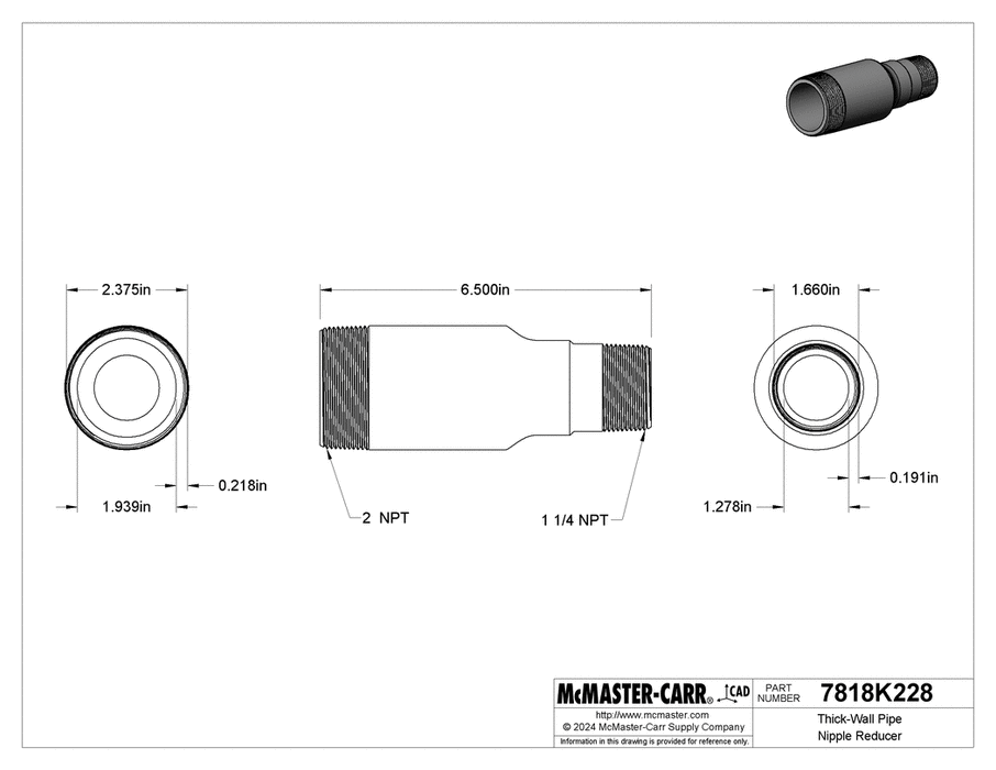 McMaster 7818K228 Thick-Wall Pipe Nipple Reducer Galvanized Steel, Threaded on Both Ends, 2 x 1-1/4 NPT