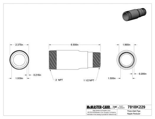 McMaster 7818K229 Thick-Wall Pipe Nipple Reducer Galvanized Steel, Threaded on Both Ends, 2 x 1-1/2 NPT