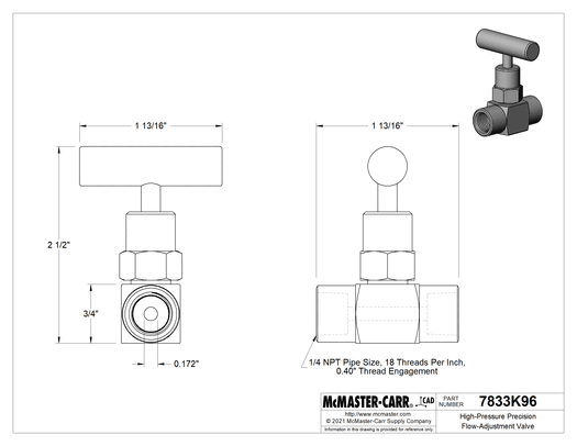 McMaster 7833K96 High-Pressure Precision Flow-Adjustment Valve, Metal-to-Metal Seat, 316 Stainless Steel Body, 1/4 NPT Female x Female