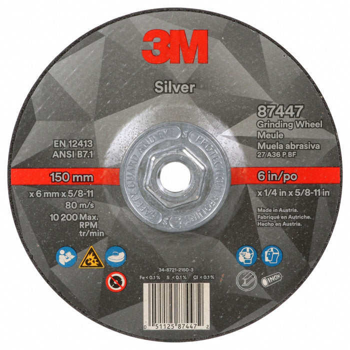 3M 87447 Depressed Center Grinding Wheel, Type 27, 6" x 1/4" x 5/8"-11, Ceramic, 36 Grit, Silver