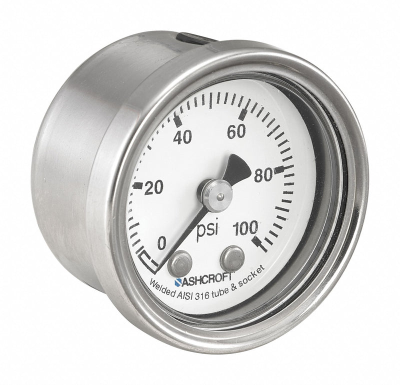 Ashcroft 401008S01B60# Pressure Gauge, 0 to 60 psi, 1-1/2 in Dial, 304 SS Case, 1/8 in Center Back NPT, IP66/NEMA 4X, Dry