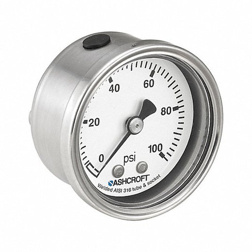 Ashcroft 501008S02B600 Pressure Gauge 0 psi / Hg to 600 psi, 2 in Dial, 1/4 in NPT Male, Center Back, 4X, IP66 - KVM Tools Inc.KV787NG5