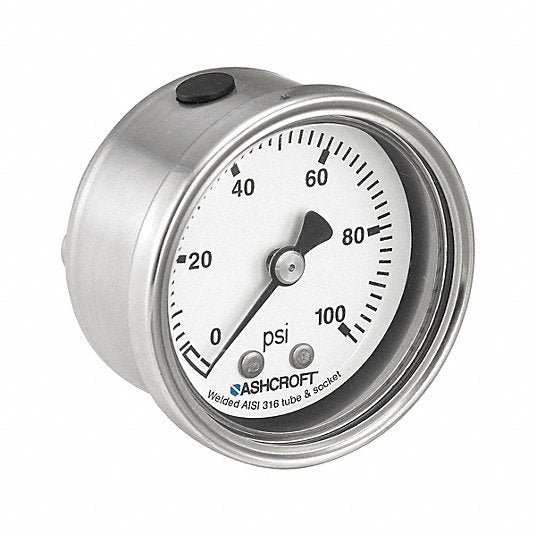 Ashcroft 501008S02B600 Pressure Gauge 0 psi / Hg to 600 psi, 2 in Dial, 1/4 in NPT Male, Center Back, 4X, IP66 - KVM Tools Inc.KV787NG5