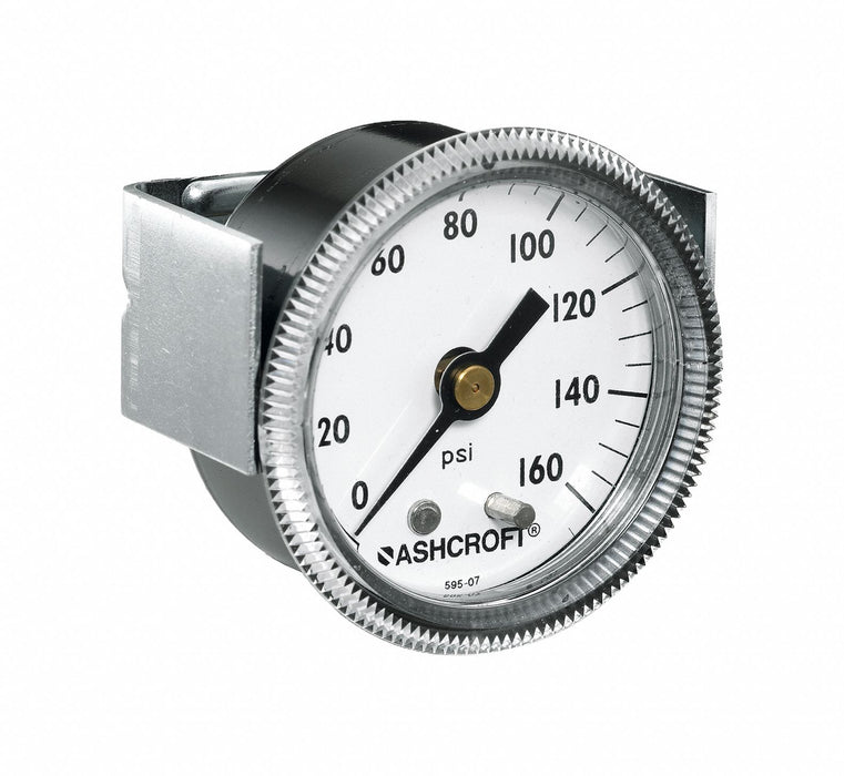 Ashcroft 1001 Series Panel Mount Pressure Gauge, 0 to 160 psi, 2 in Dial, Steel Case Black, 1/4 in Center Back NPT, with Nuts & U-Clamp