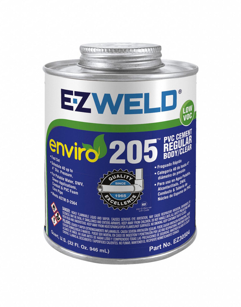 EZ Weld EZ30504N Enviro 205 PVC Pipe Cement, 32 fl oz, Clear, Brush-Top Can, ASTM D2564 NSF UPC