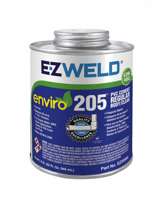 EZ Weld EZ30504N Enviro 205 PVC Pipe Cement, 32 fl oz, Clear, Brush-Top Can, ASTM D2564 NSF UPC