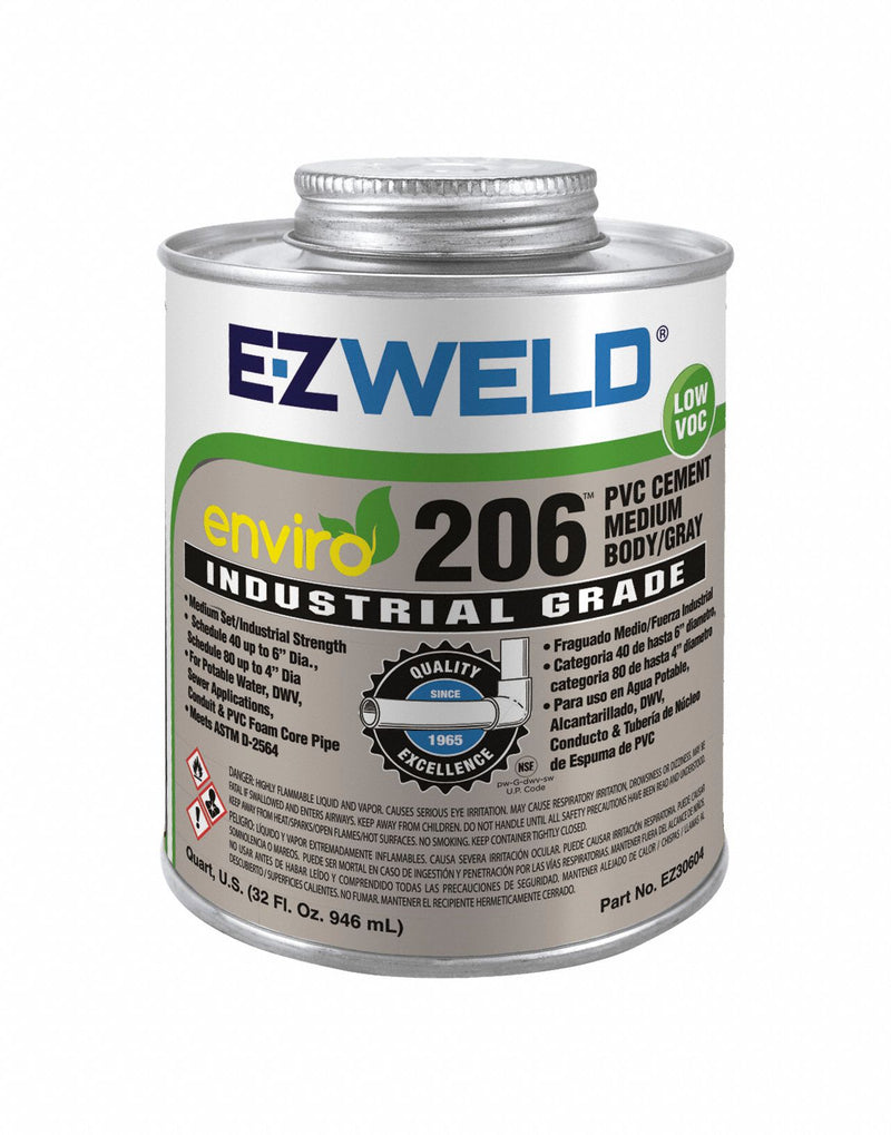 EZ Weld EZ30604N Enviro 206 PVC Pipe Cement, 32 fl oz, Gray, Brush-Top Can, ASTM D2564 NSF UPC