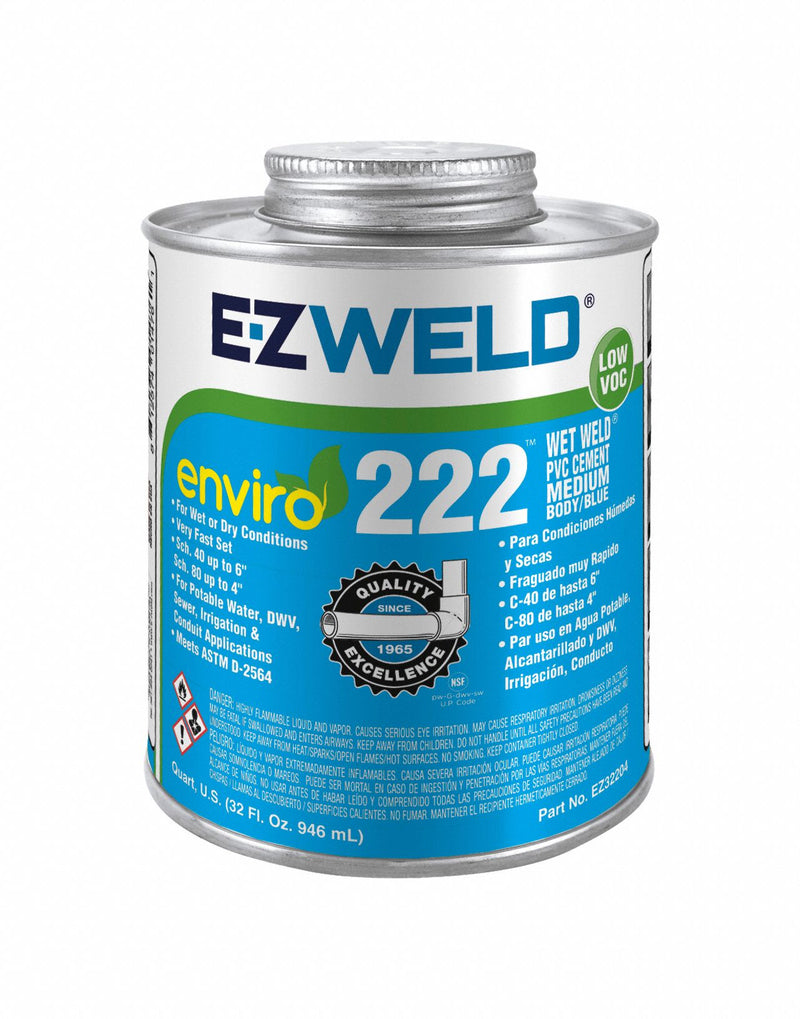 EZ Weld EZ32204N Enviro 222 PVC Pipe Cement, 32 fl oz, Blue, Brush-Top Can, ASTM D2564 NSF UPC