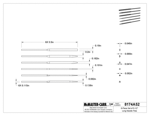 McMaster 8174A52 6-Piece Set of 5-1/2" Long Needle Files, Finish 0